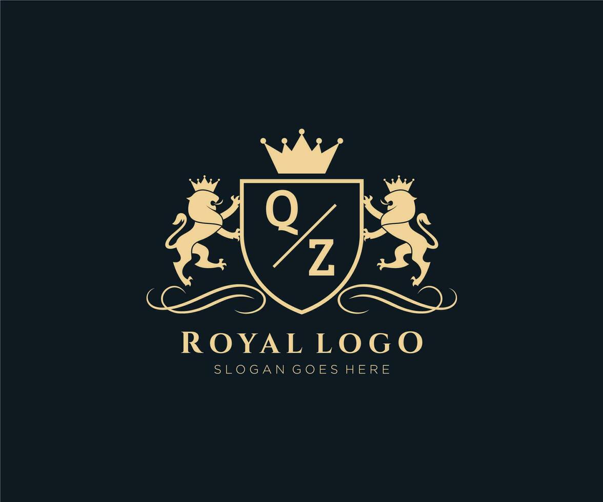 Initial QZ Letter Lion Royal Luxury Heraldic,Crest Logo template in vector art for Restaurant, Royalty, Boutique, Cafe, Hotel, Heraldic, Jewelry, Fashion and other vector illustration.