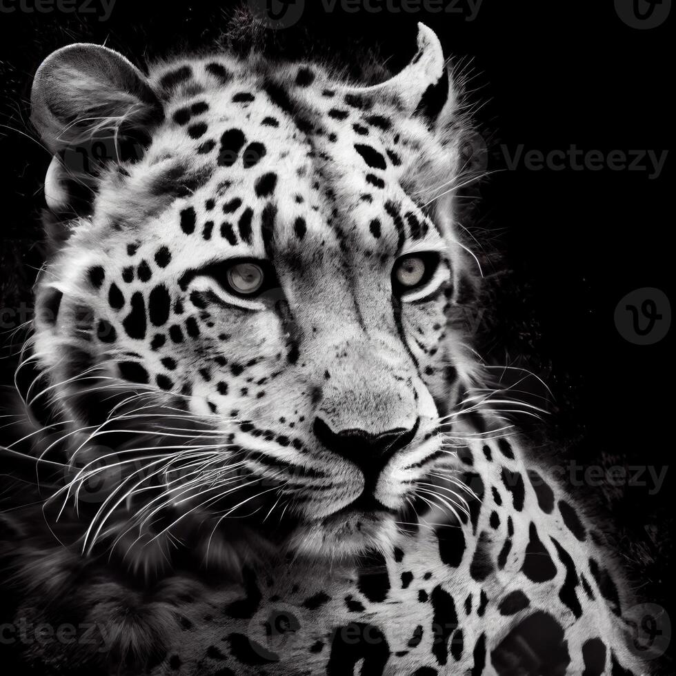 Persian leopard in rainforest black and white. AI generation photo