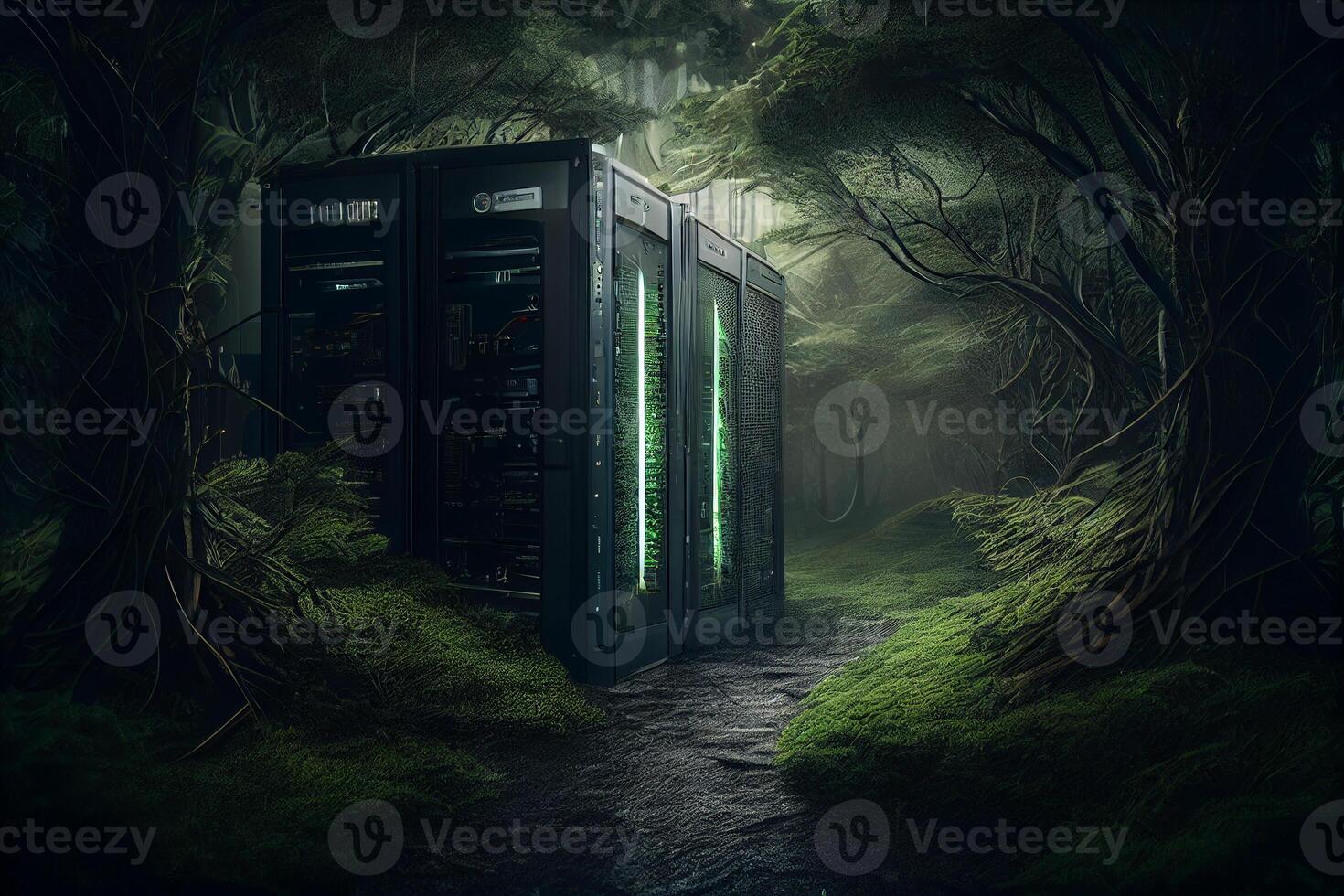 Big data storage and cloud computing computer service business concept in greenery eco energy. illustration. photo