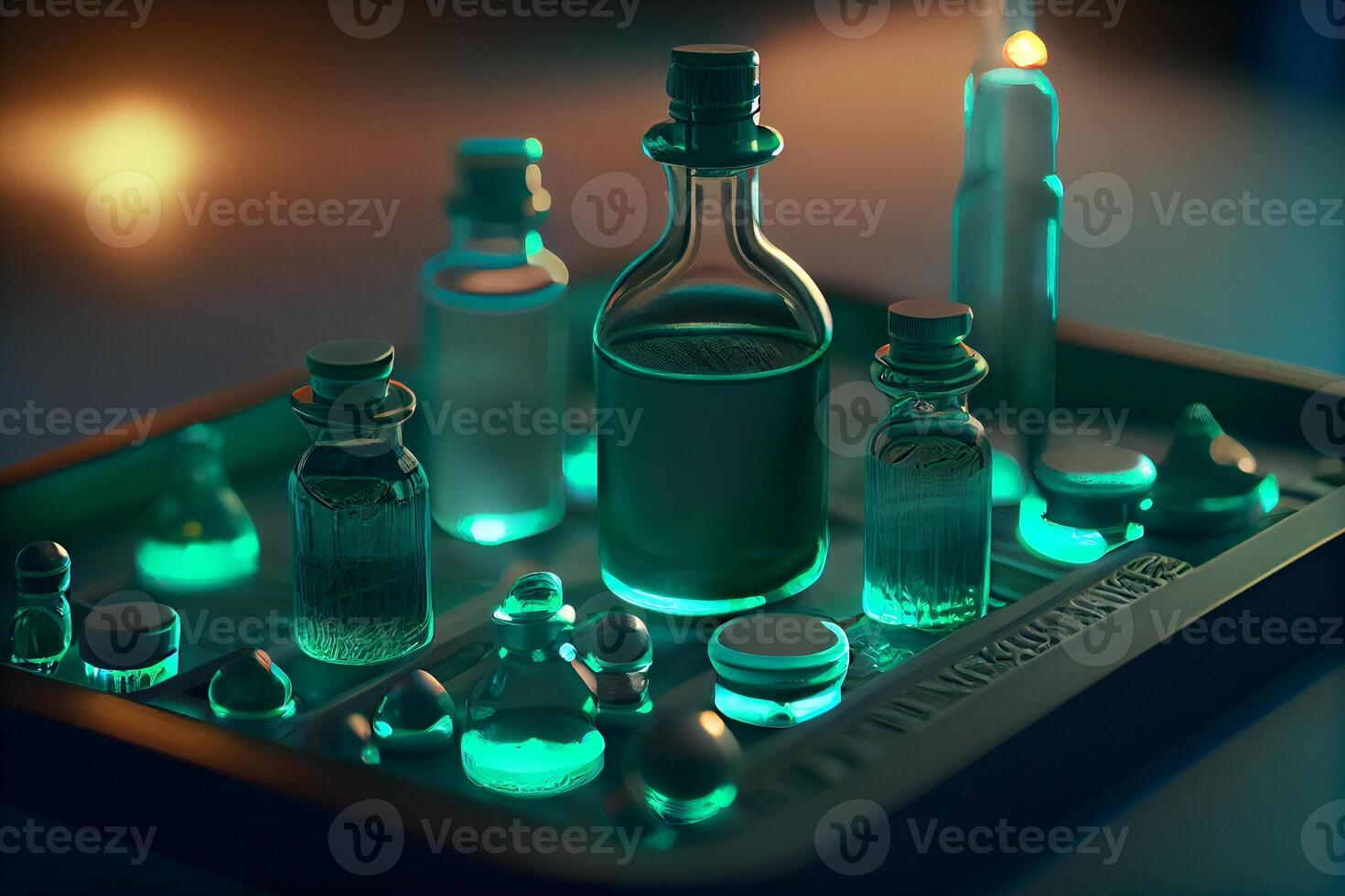 Green empty glass bottles on an out of focus background. scientific study texture, vivid conceptual medical illustration test tubes. photo