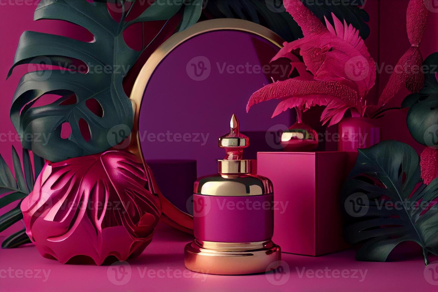 viva magenta cosmetic showcase pedestal display featuring gifts, rose flowers, and a palm leaf. Cosmetic and beauty product pedestal mockup. photo
