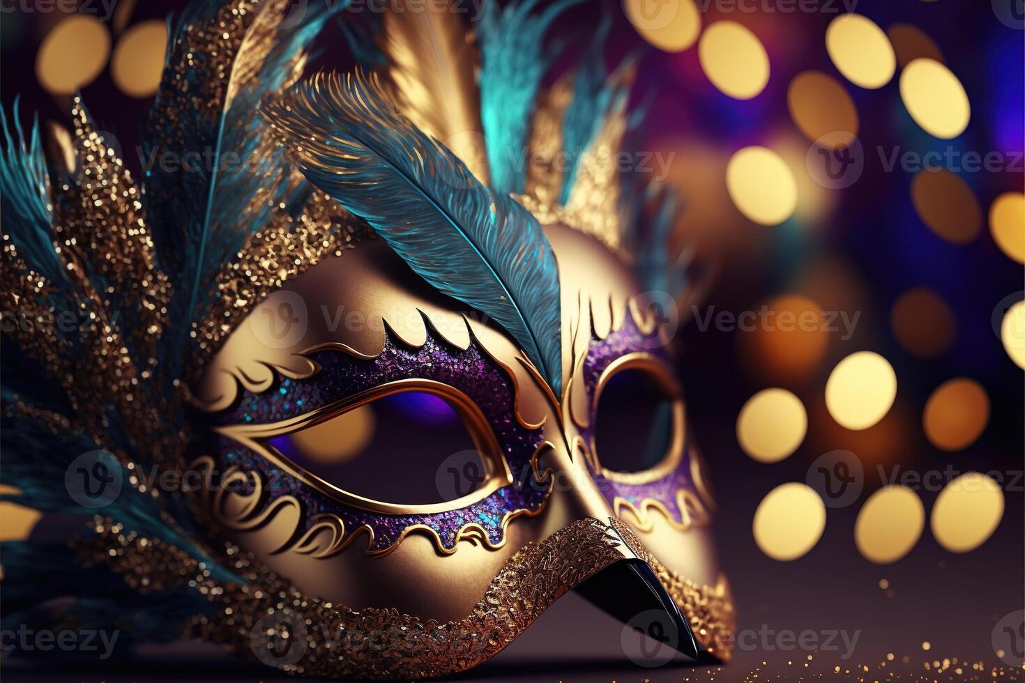 Realistic luxury carnival mask with colorful feathers. Abstract blurred background, gold dust, and light effects. . photo