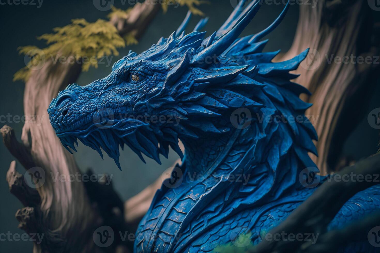 Magnificent mythical creature in vibrant blue on natural wooden backdrop. photo