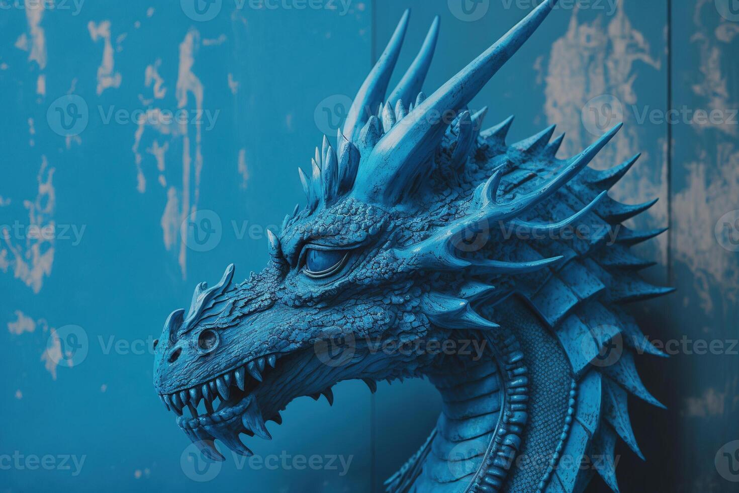 Stunning blue dragon perched on rustic wooden background. . photo