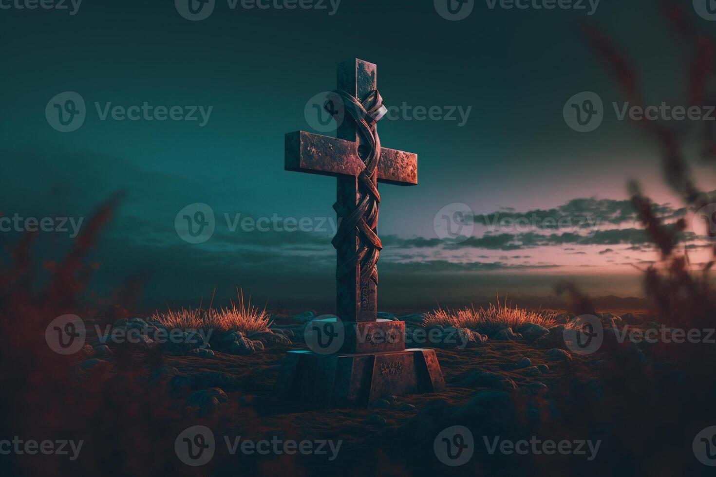 A dramatic and religious image of a Calvary cross, perfect for religious themes and dramatic visual presentations. . photo
