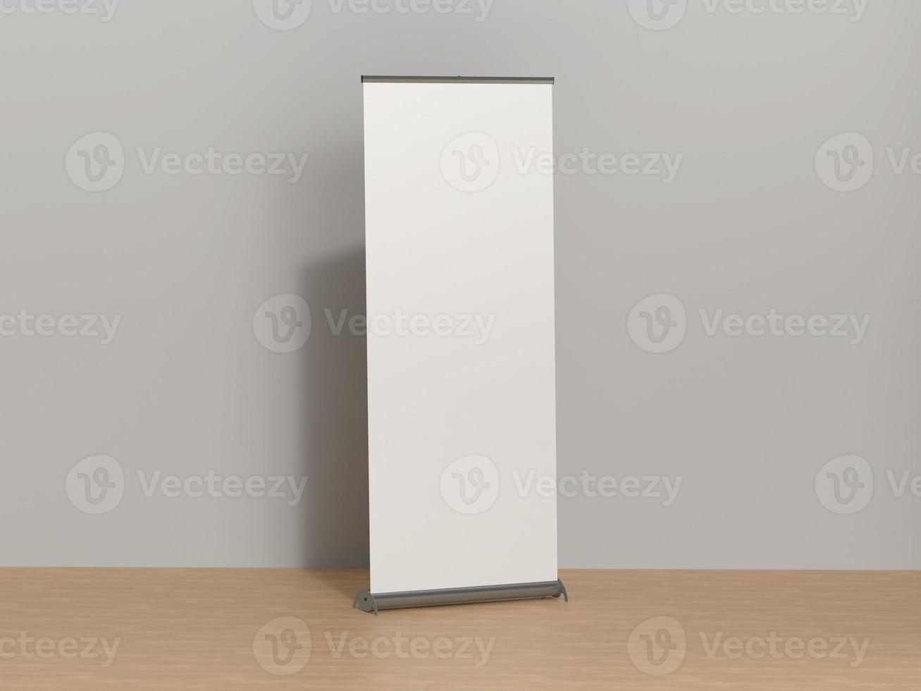 Exhibition Rollup Event Pullup Banner on a laminate floor with copy space. 3D render illustration. photo