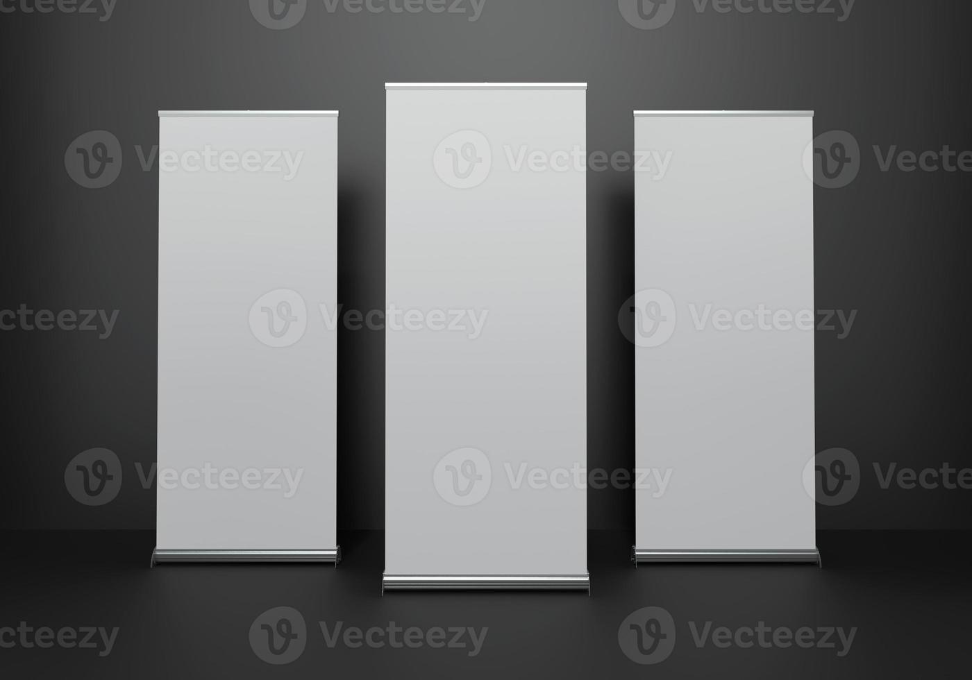 Roll-up Banner Mockup Template in a Dark Matt Black Studio Scene with Studio Lighting. White Brandable Copy Space. 3D Render Illustration. photo