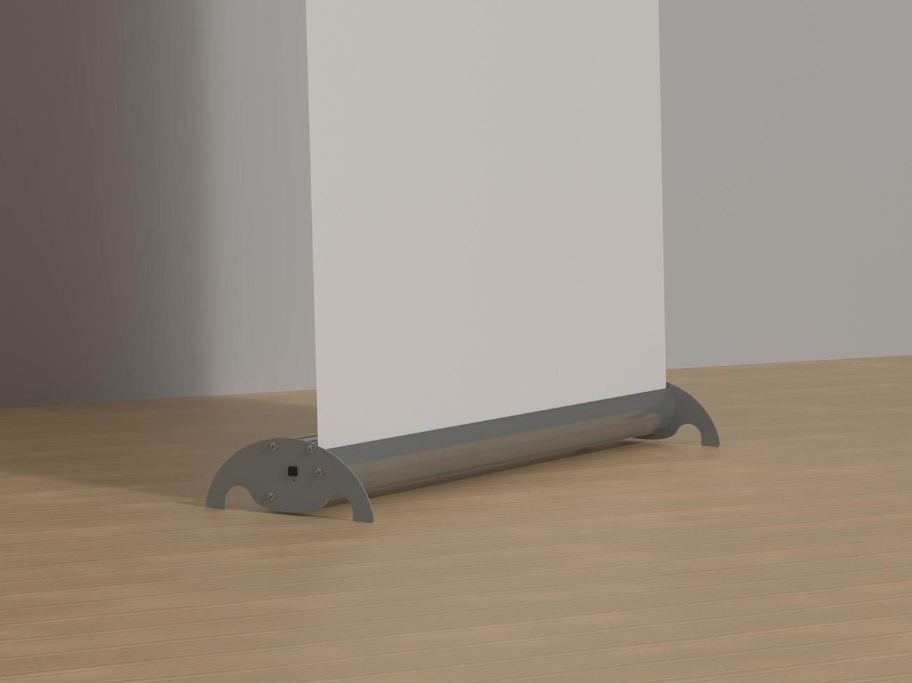 Closeup 3D rendered illustration of a Pull Up Banner Base on a laminate pine wood floor. photo