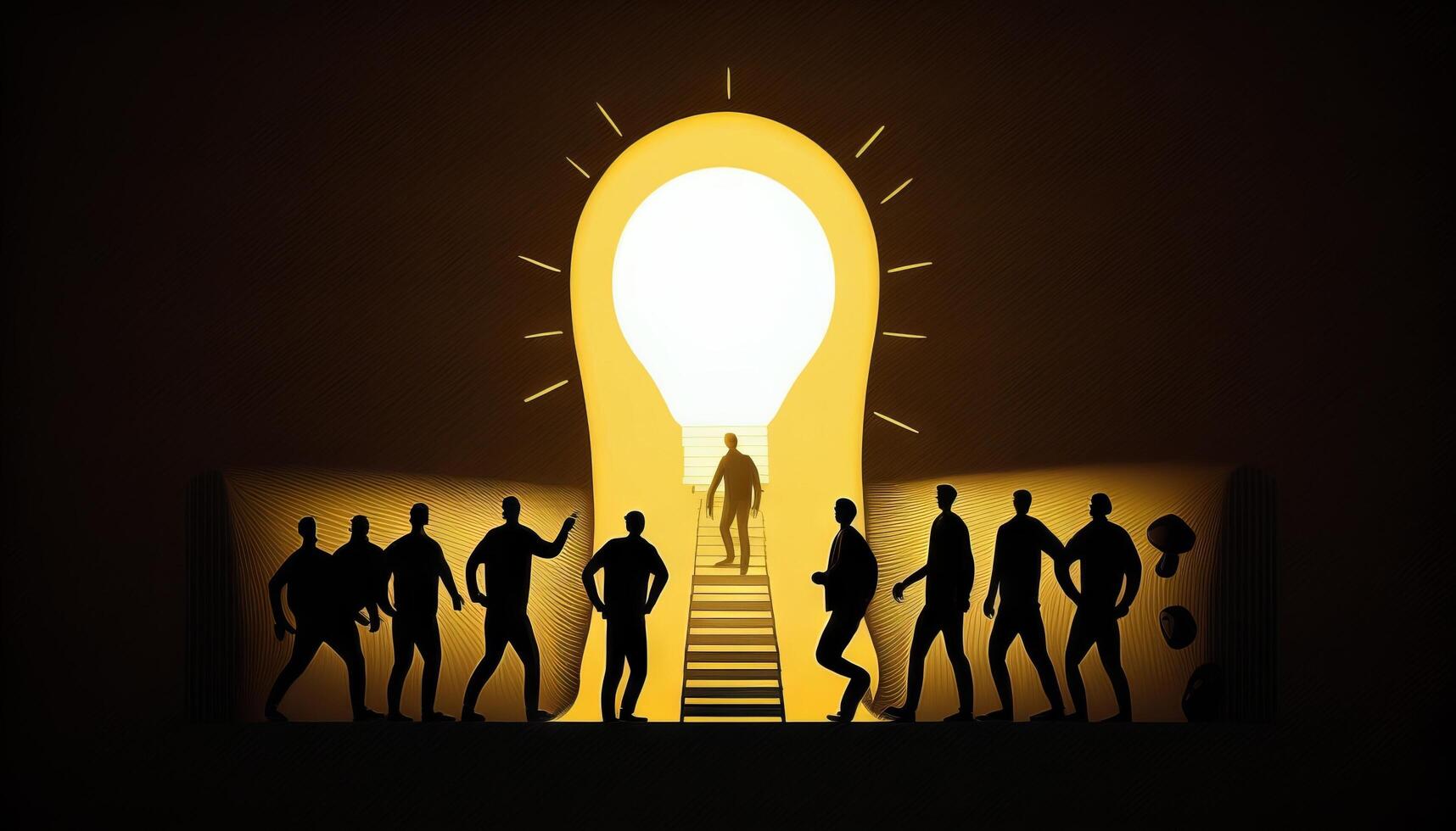 a silhouette leader and his team climbing a ladder towards a bulb-shaped door. photo