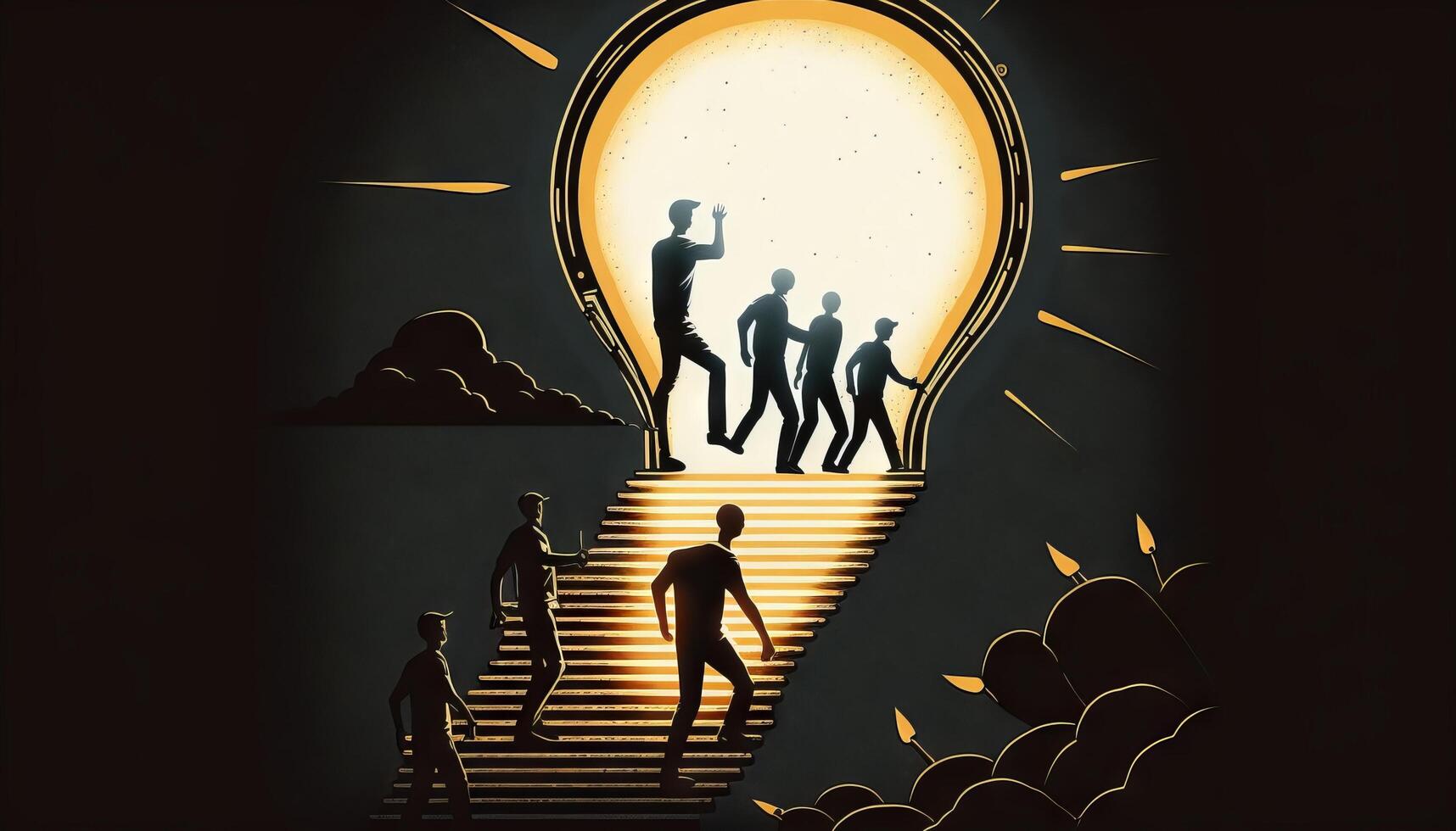 a silhouette leader and his team climbing a ladder towards a bulb-shaped door. photo