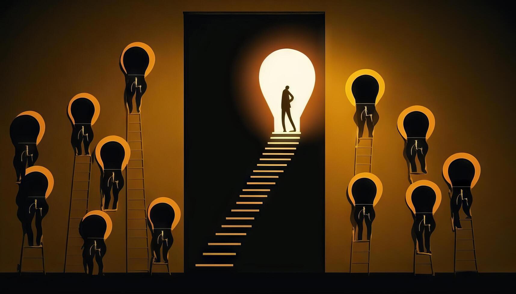 a silhouette leader and his team climbing a ladder towards a bulb-shaped door. photo
