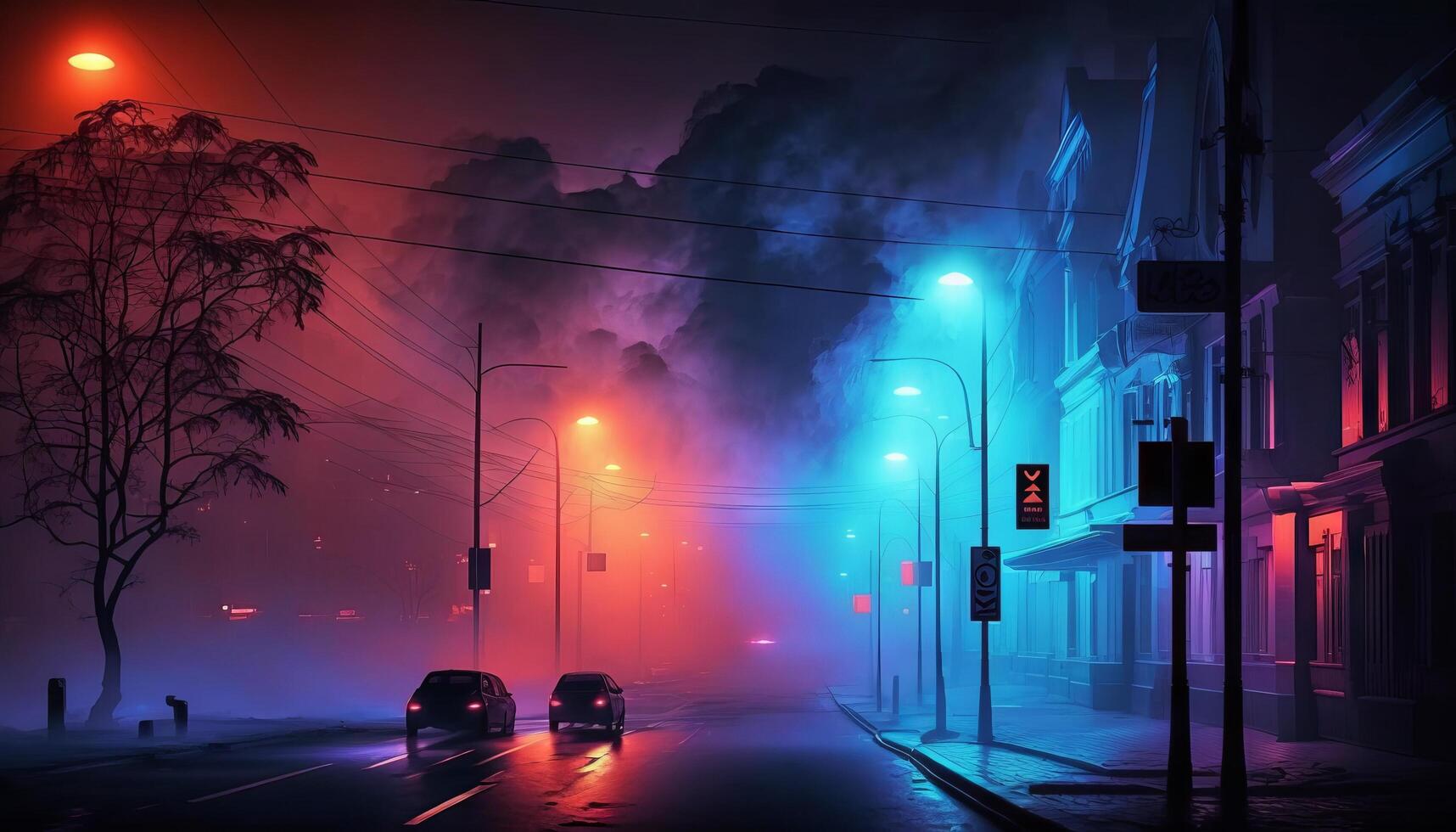 Dark street, night smog and smoke neon light. Dark background of the night city. photo