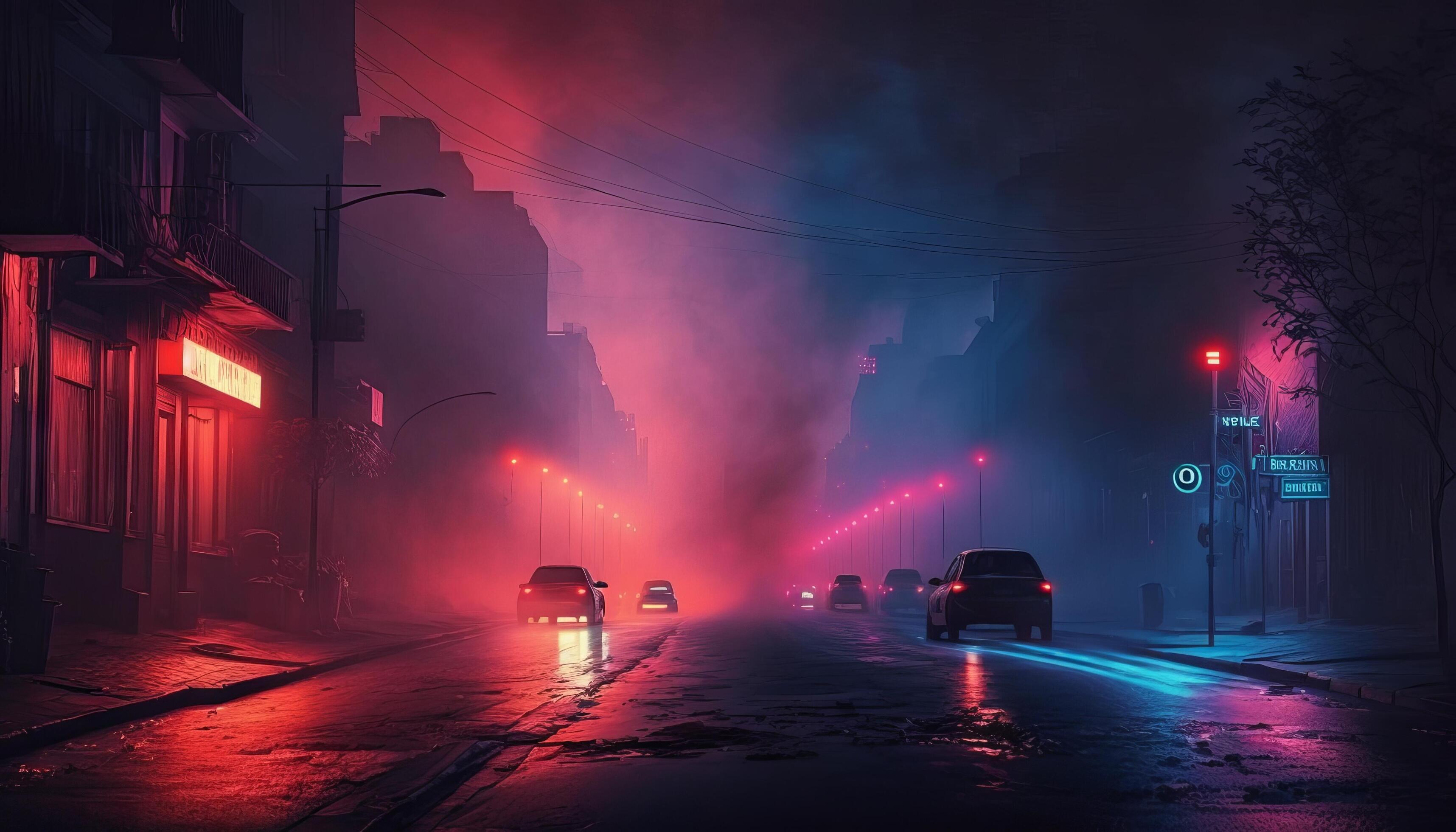 Dark street, night smog and smoke neon light. Dark background of the