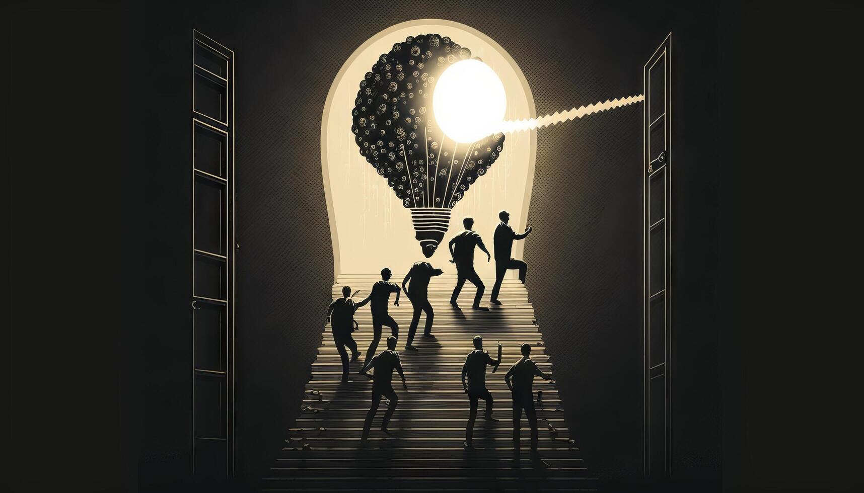 a silhouette leader and his team climbing a ladder towards a bulb-shaped door. photo