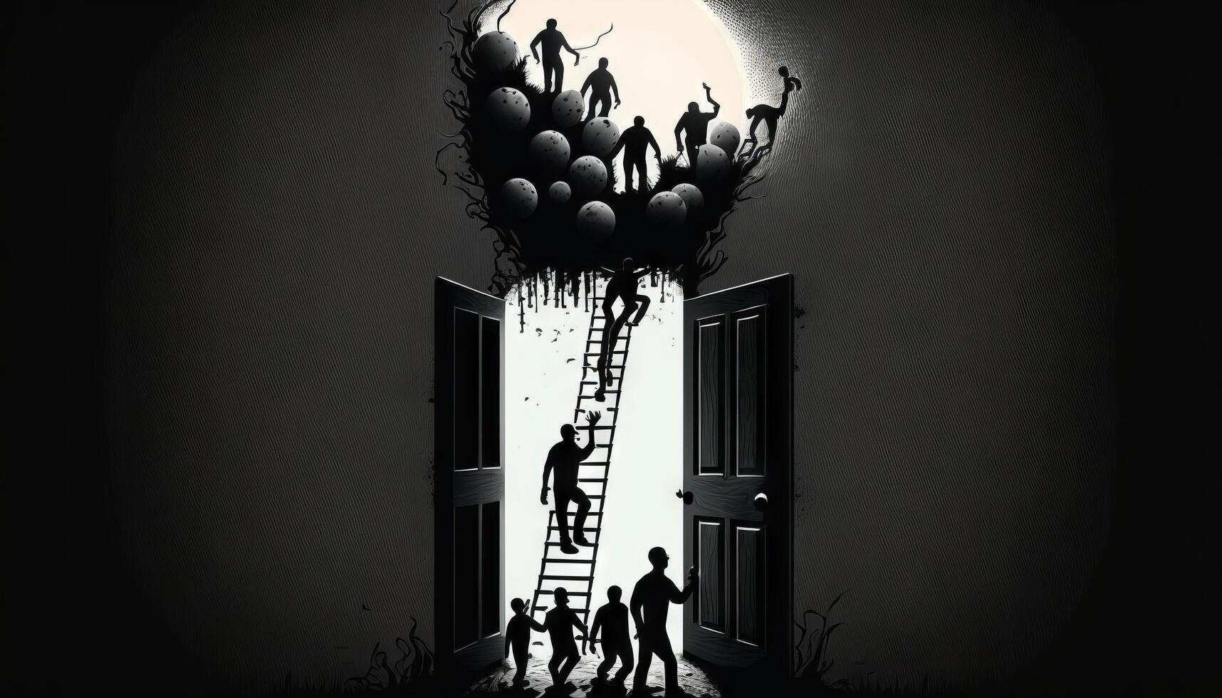 a silhouette leader and his team climbing a ladder towards a bulb-shaped door. photo