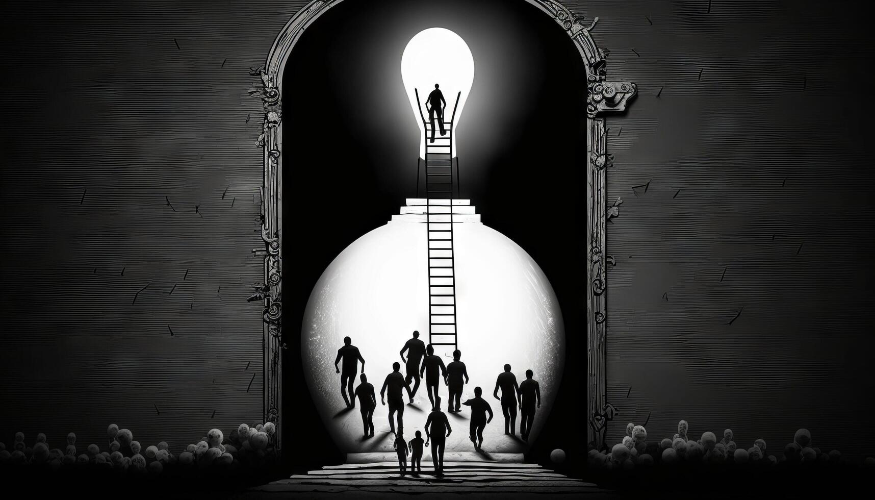 a silhouette leader and his team climbing a ladder towards a bulb-shaped door. photo