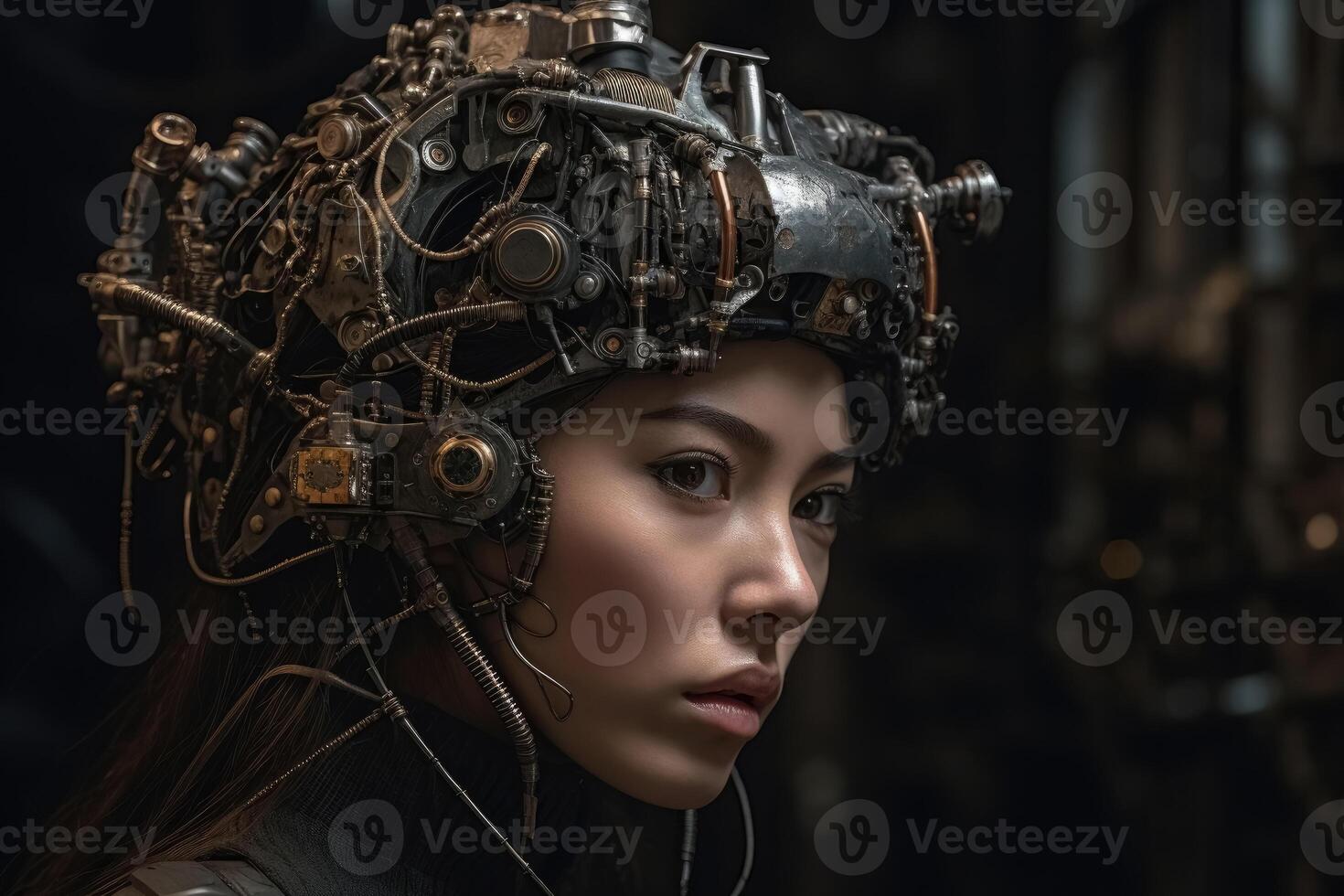 A female human cyborg portrait 1000 years in the future created with technology. photo