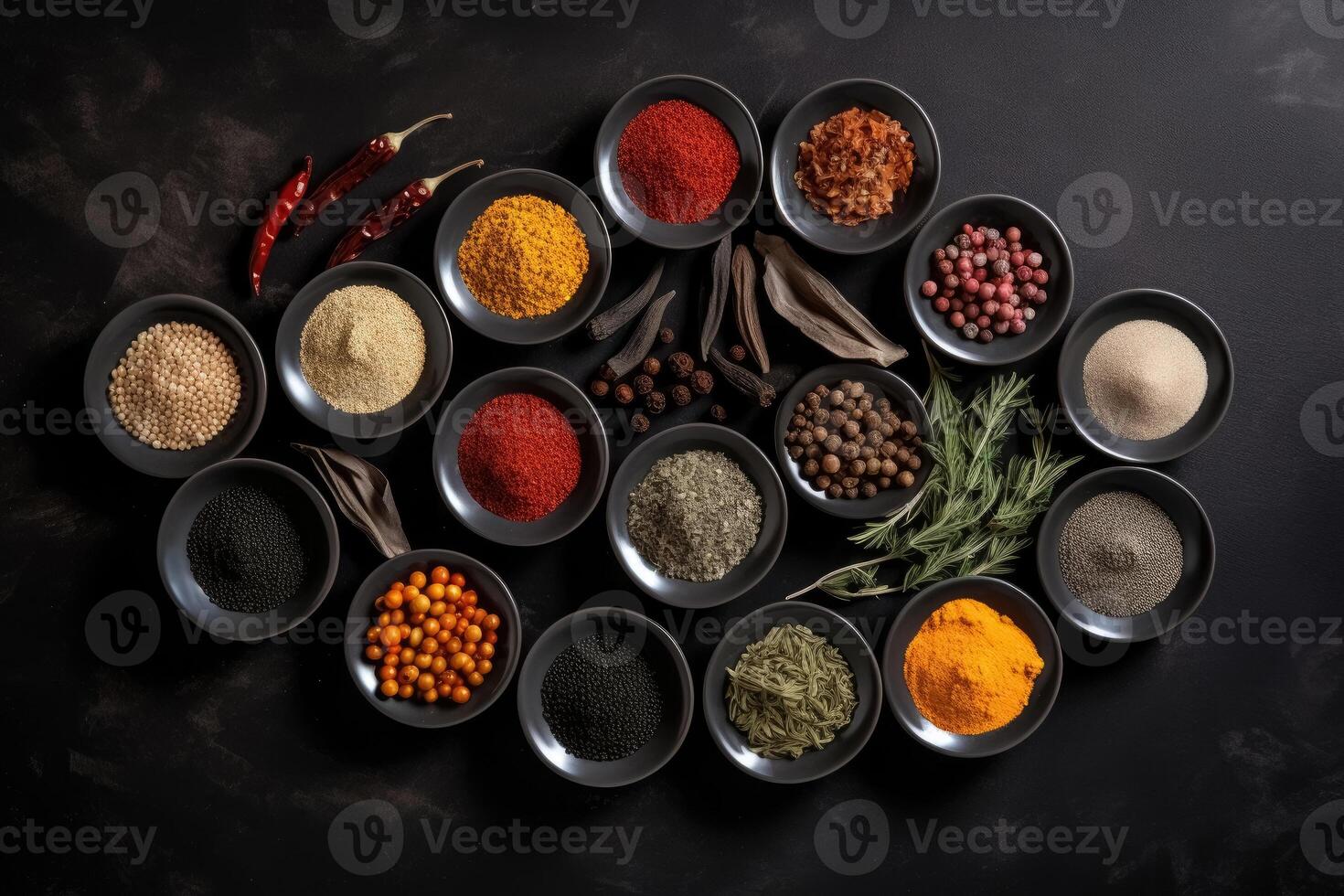 View from above of numerous spices in small bowls on a dark slate plate with copy space created with technology. photo