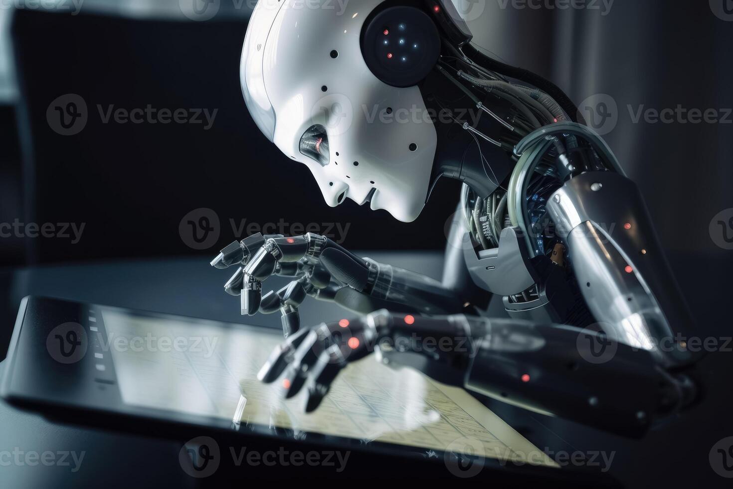 The hand of an ai robot working on a tablet created with technology. photo