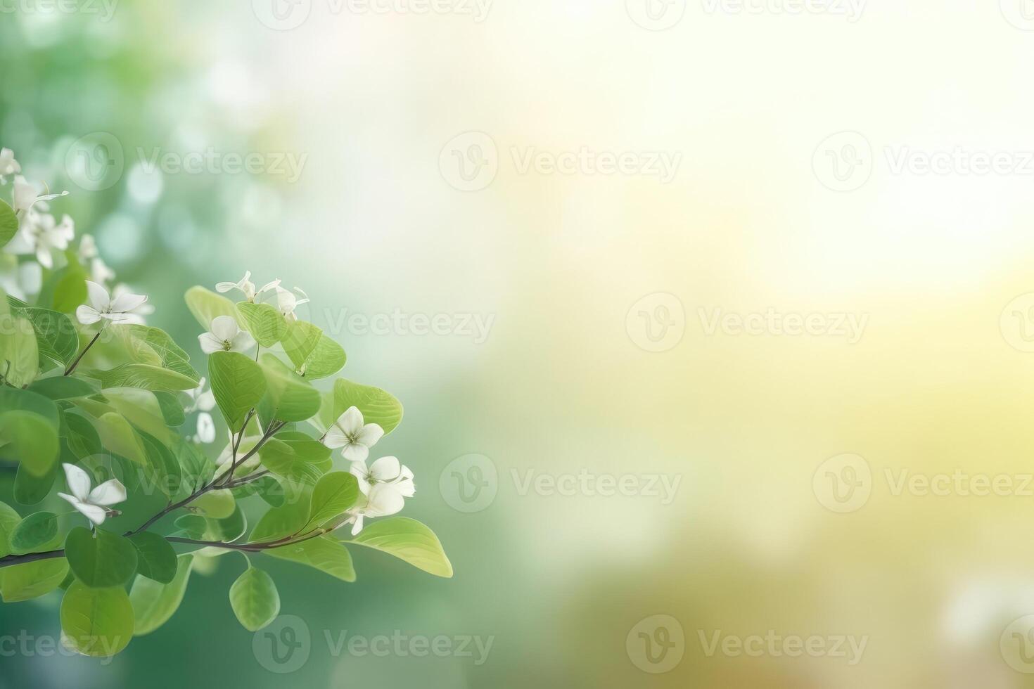A beautiful spring background with leaves and little flowers on a light background created with technology. photo