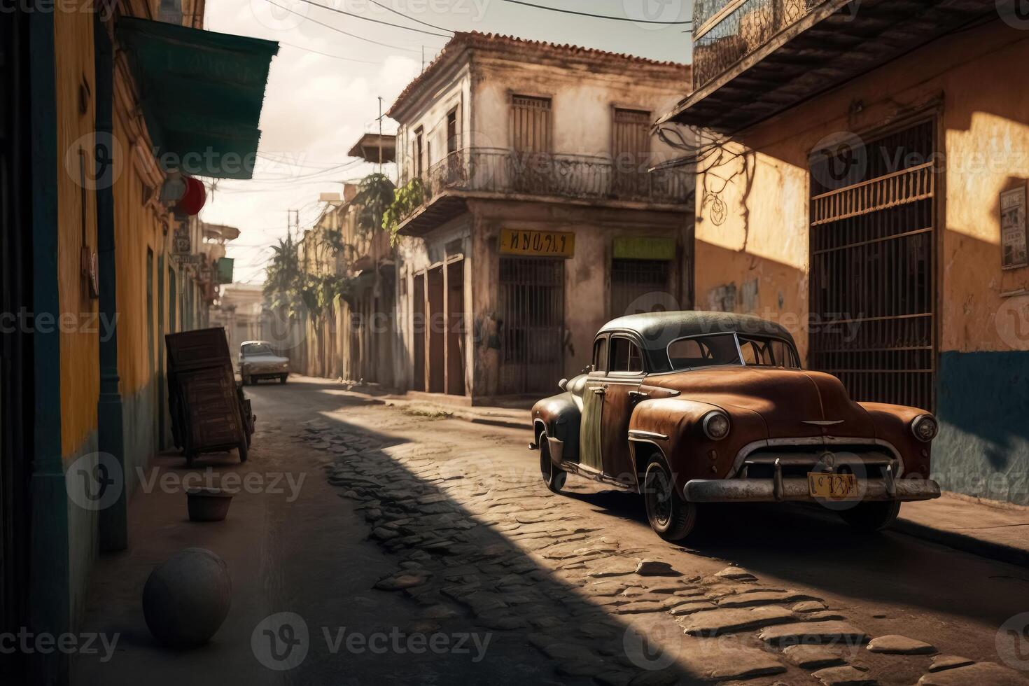 A Street in a town in a cubanic look with a lot of old rusty cars and no people created with technology. photo