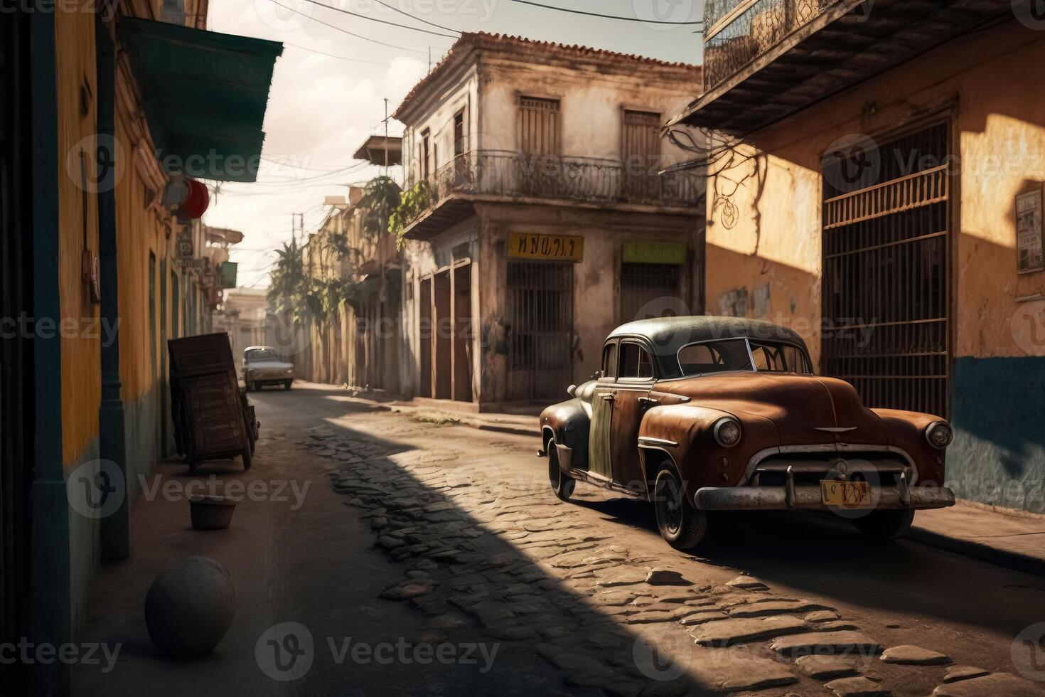 un calle en un pueblo en un cubano Mira con un lote de antiguo oxidado carros y No personas creado con generativo ai tecnología. foto