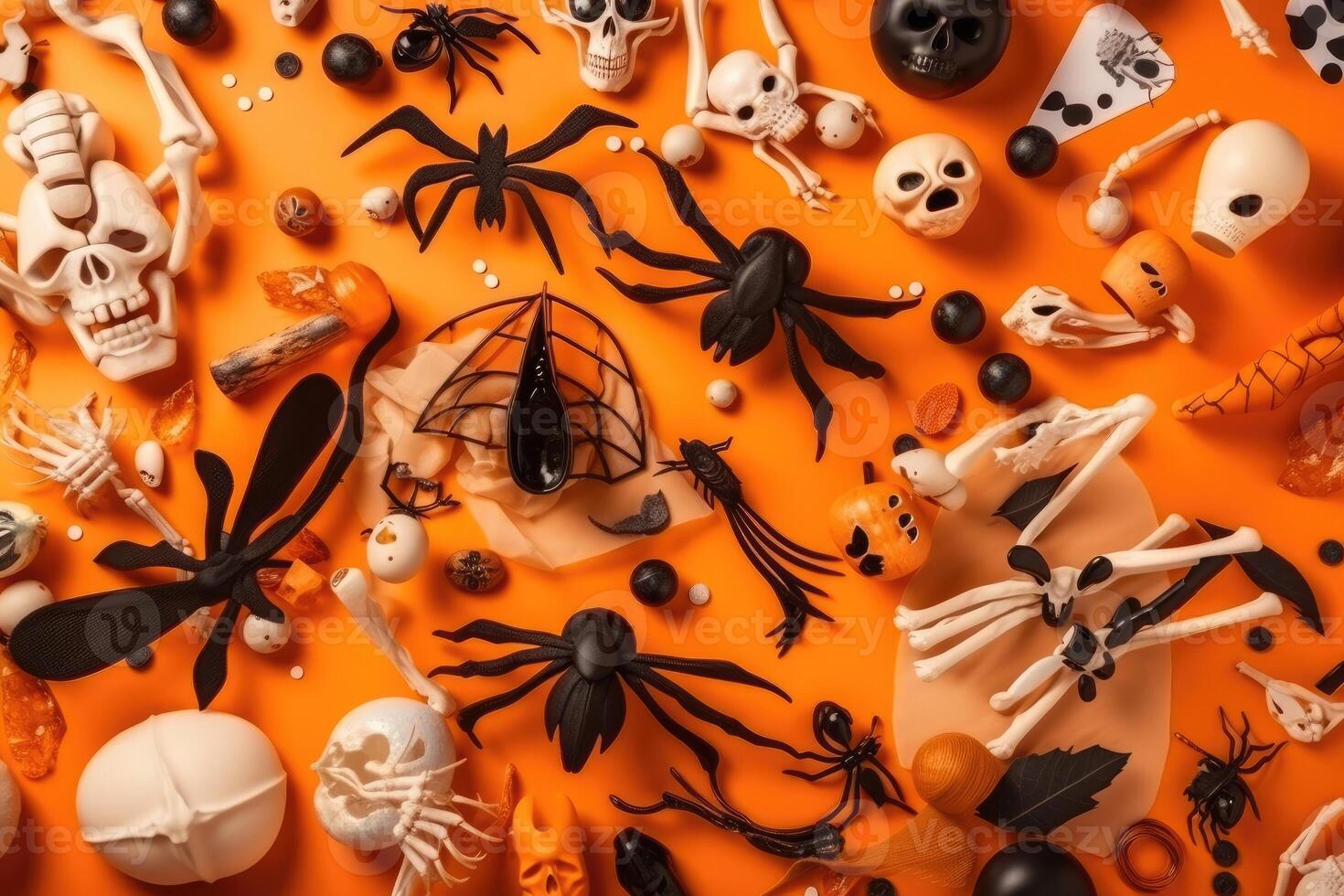 Top view on spooky halloween motifs with bones plastic spiders pumpkins and bats on an orange surface created with technology. photo