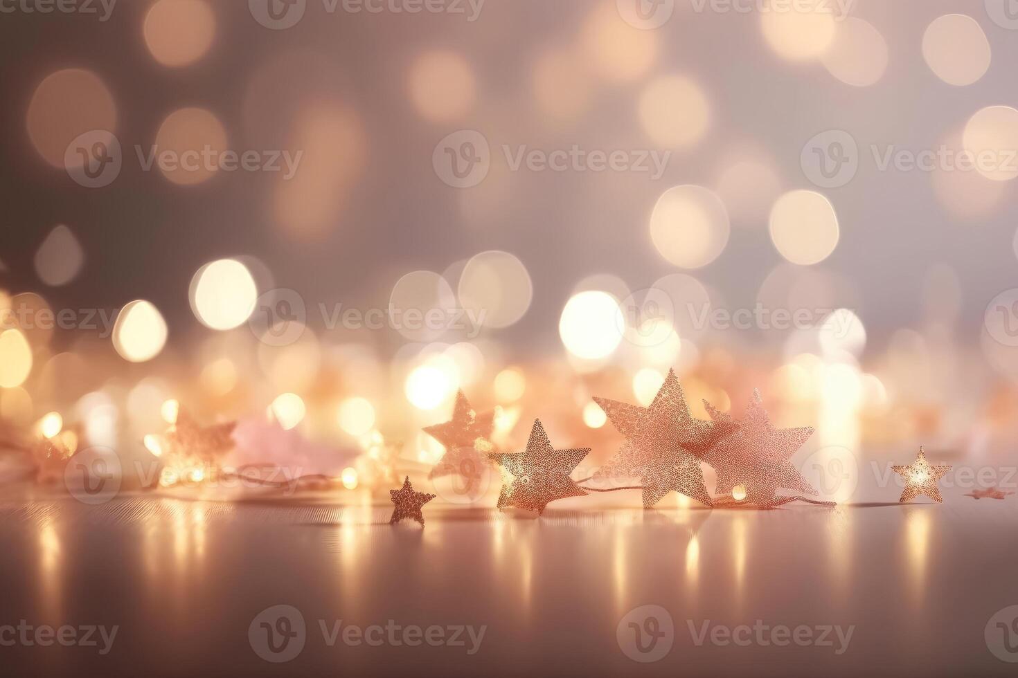 A beautiful christmas background with stars and snowflakes and soft bokeh lights on a light background created with technology. photo