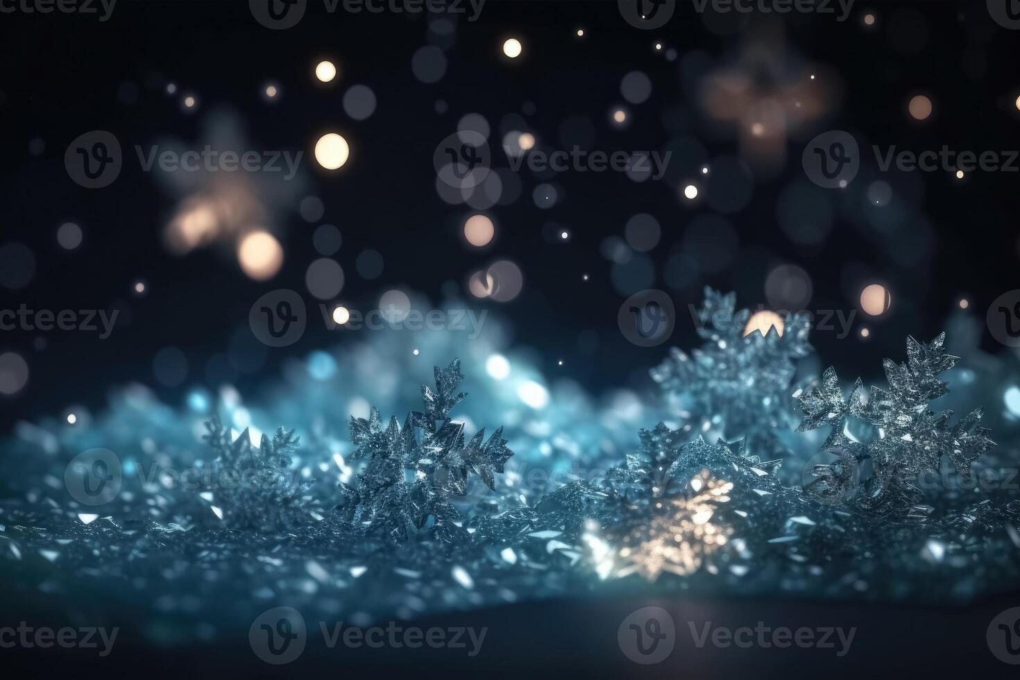 A beautiful christmas background with stars and snowflakes and soft bokeh lights created with technology. photo
