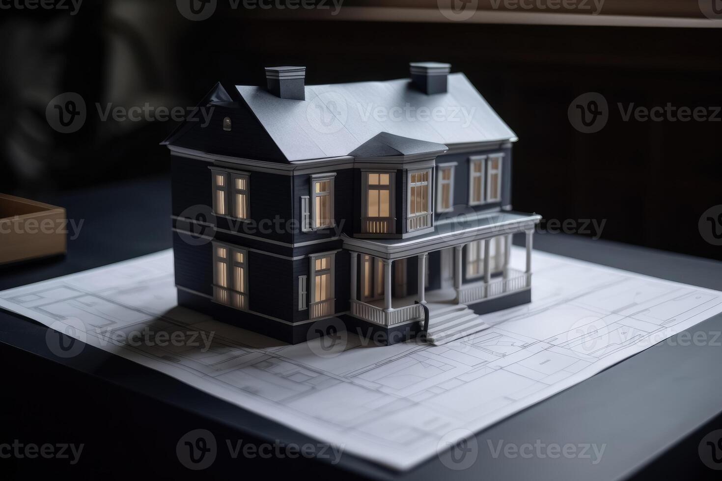 A blueprint of a residential house on a desk with a model of the house on the desk created with technology. photo