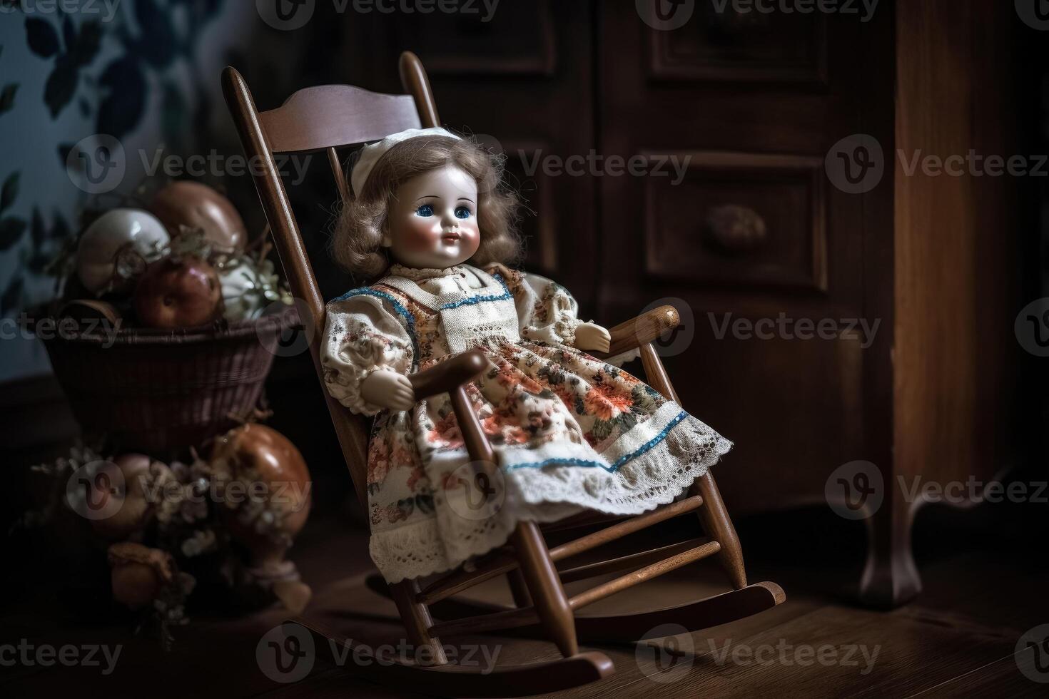 A beautiful vintage porcelain doll sitting on a rocking chair created with technology. photo