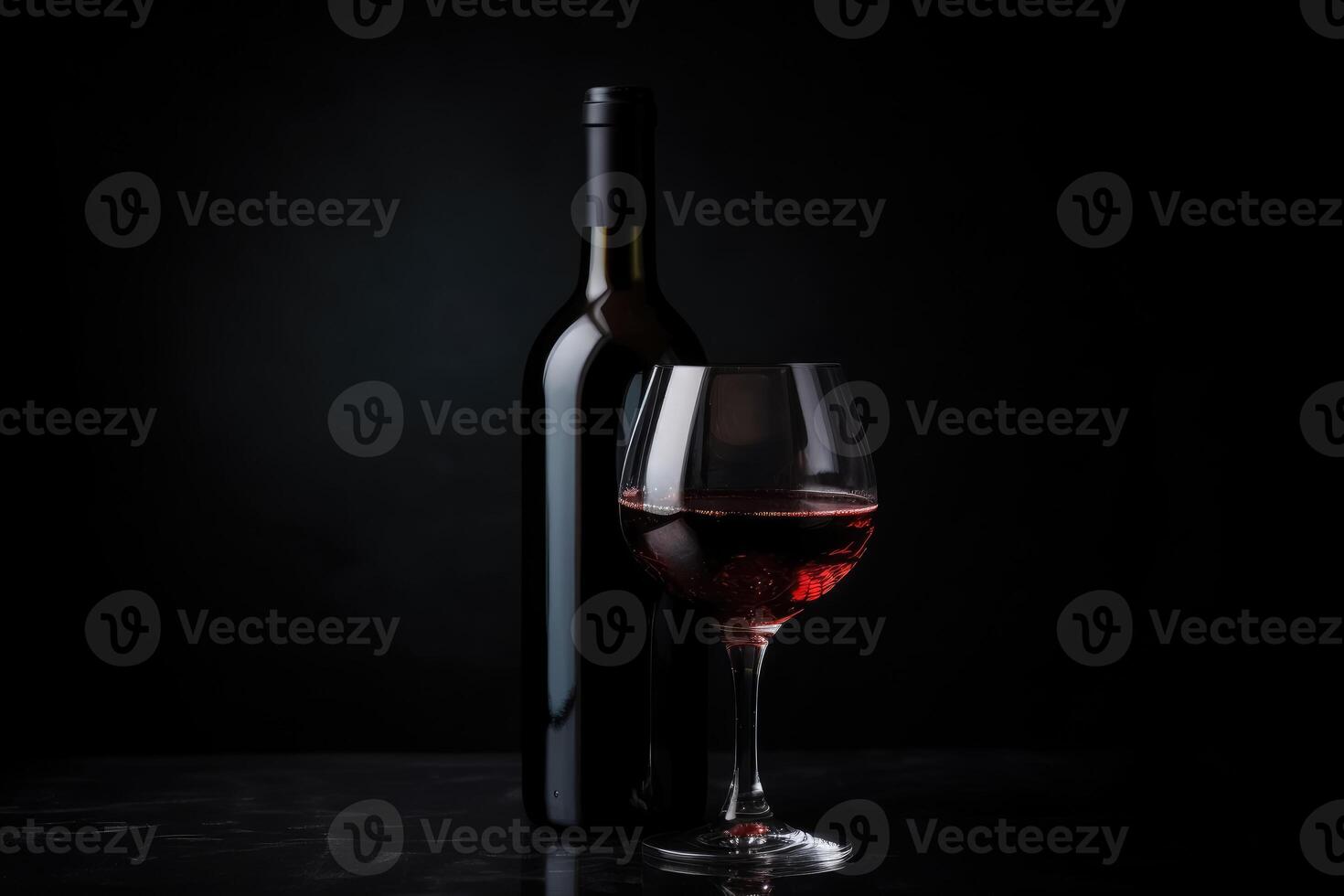 A complete wine bottle and a matching glass on a reflective dark background created with technology. photo