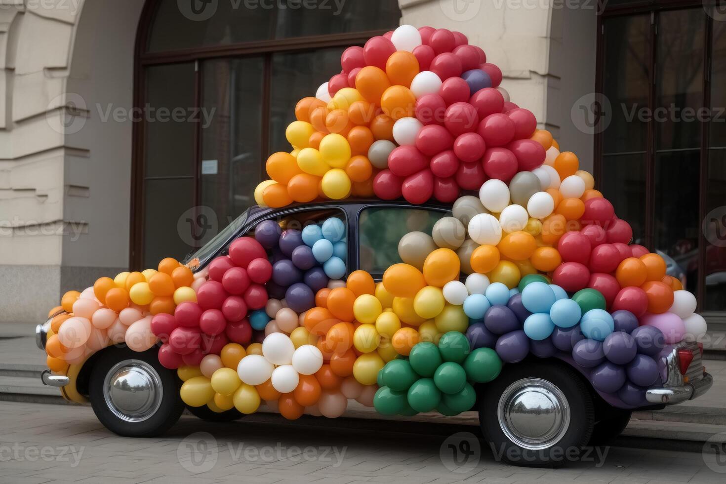 A car made of festive balloons created with technology. photo