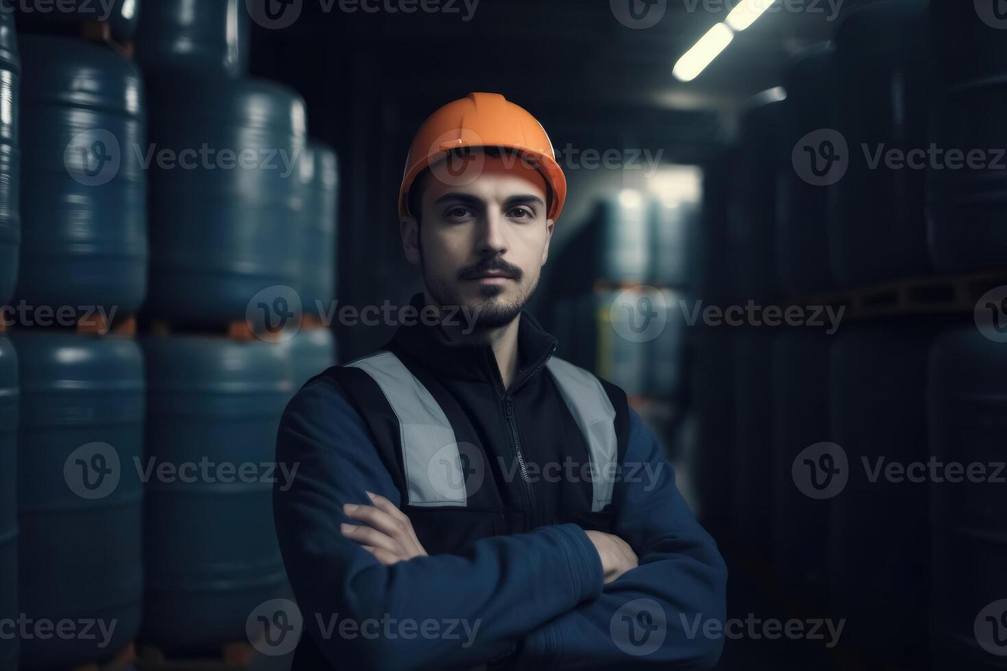 A confident male factory worker with arms crossed created with technology. photo