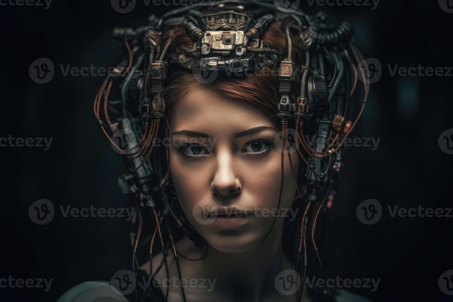 A female human cyborg portrait 1000 years in the future created with technology. photo