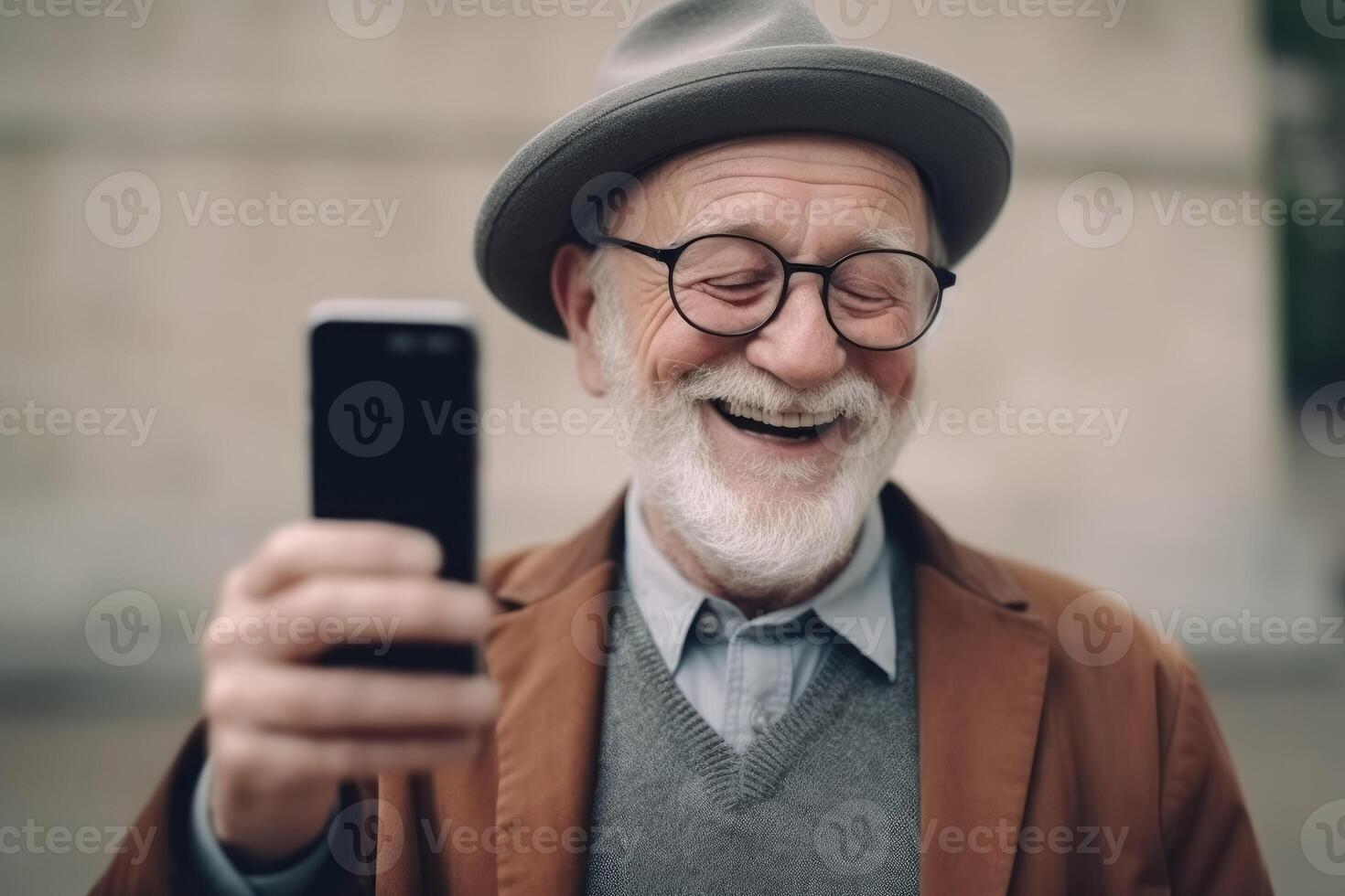 A happy retired old man holding a smartphone in his hands created with technology. photo