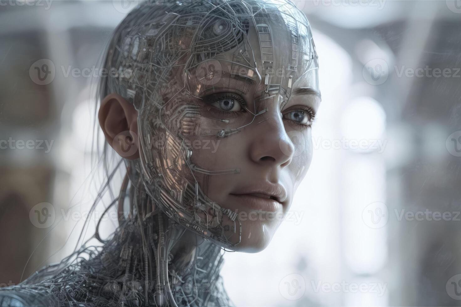 A female human 500 years in the future created with technology. photo