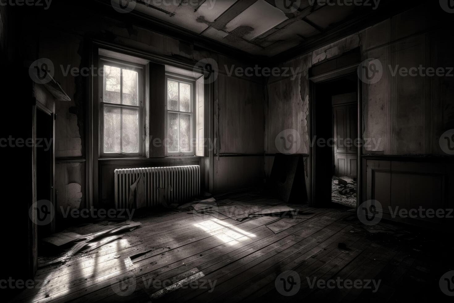 An abandoned House viewed from a room inside created with technology. photo