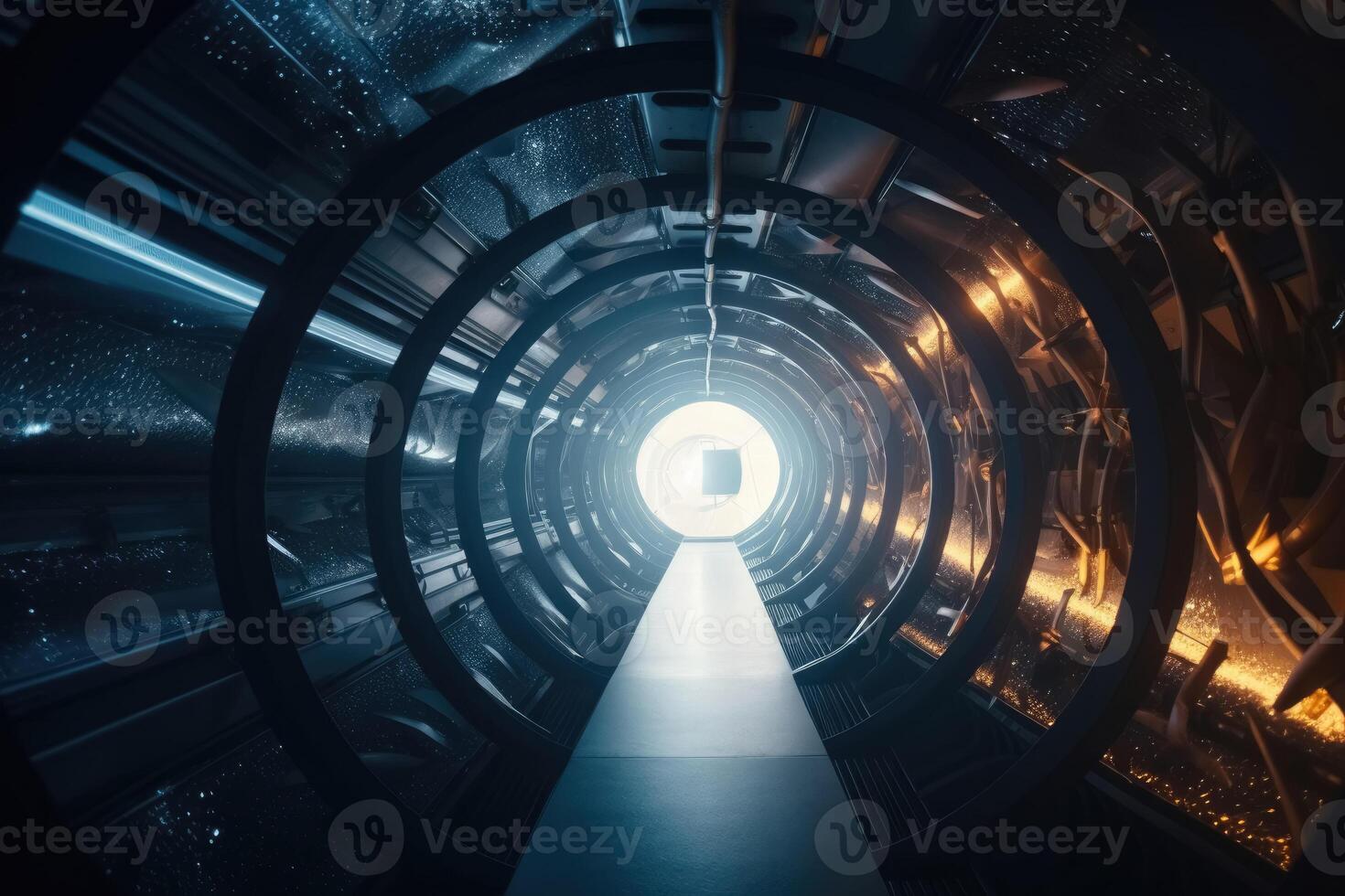 Travelling through a time tunnel with a galaxy in the background created with technology. photo