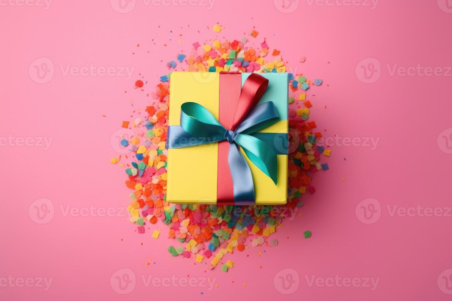 A beautiful birthday present box on a colorful background created with technology. photo