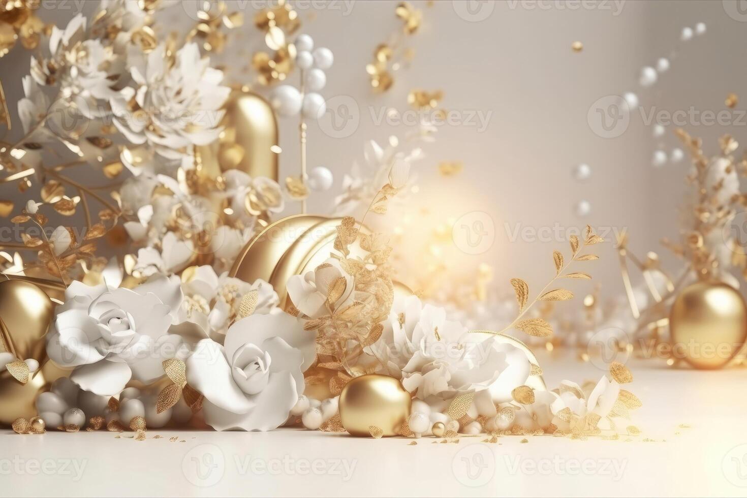 A beautiful wedding background with flowers and gold ornaments on a light background created with technology. photo