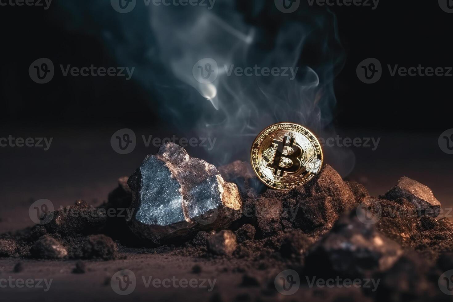 Bitcoin crypto currency mined directly from ore created with technology. photo