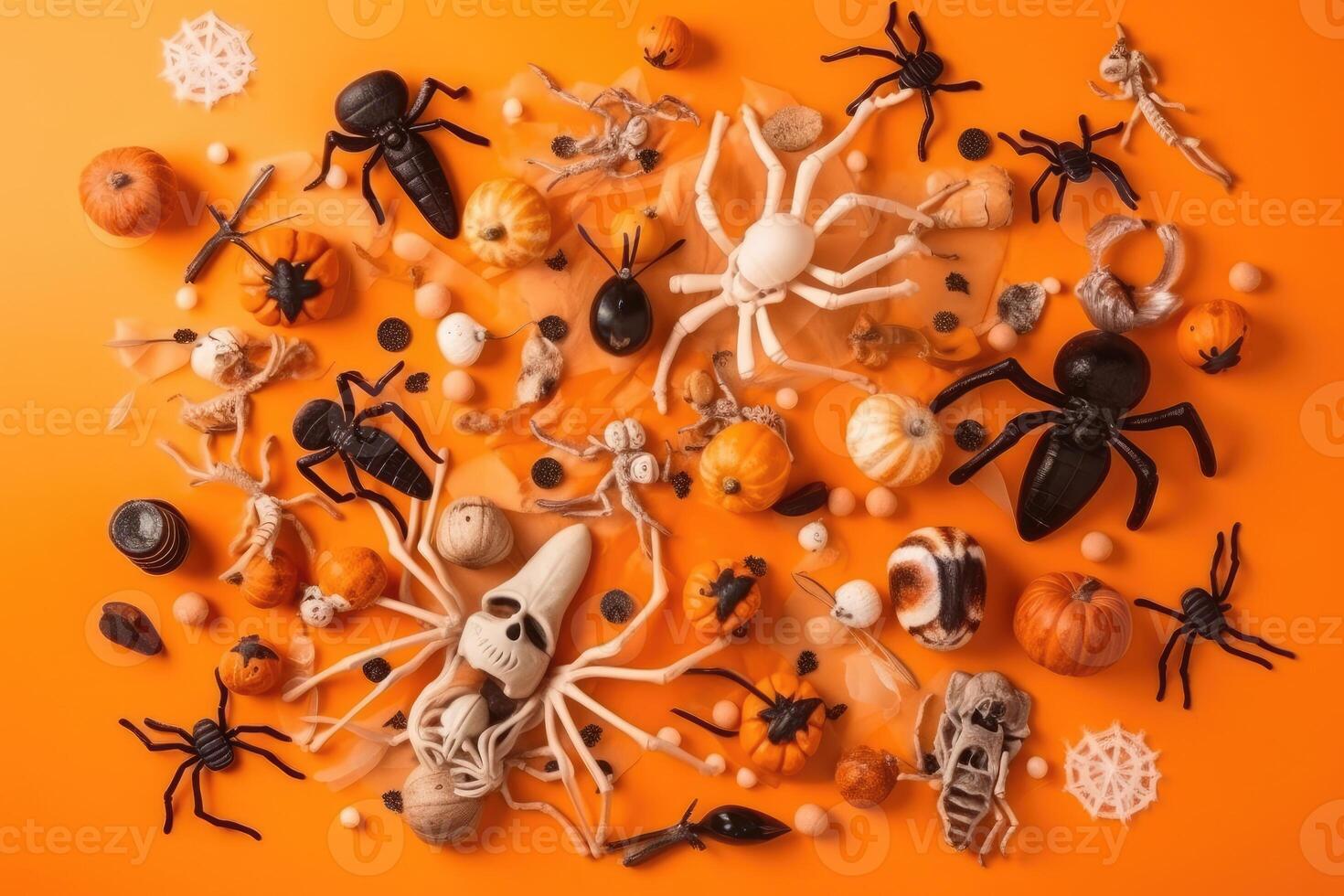 Top view on spooky halloween motifs with bones plastic spiders pumpkins and bats on an orange surface created with technology. photo