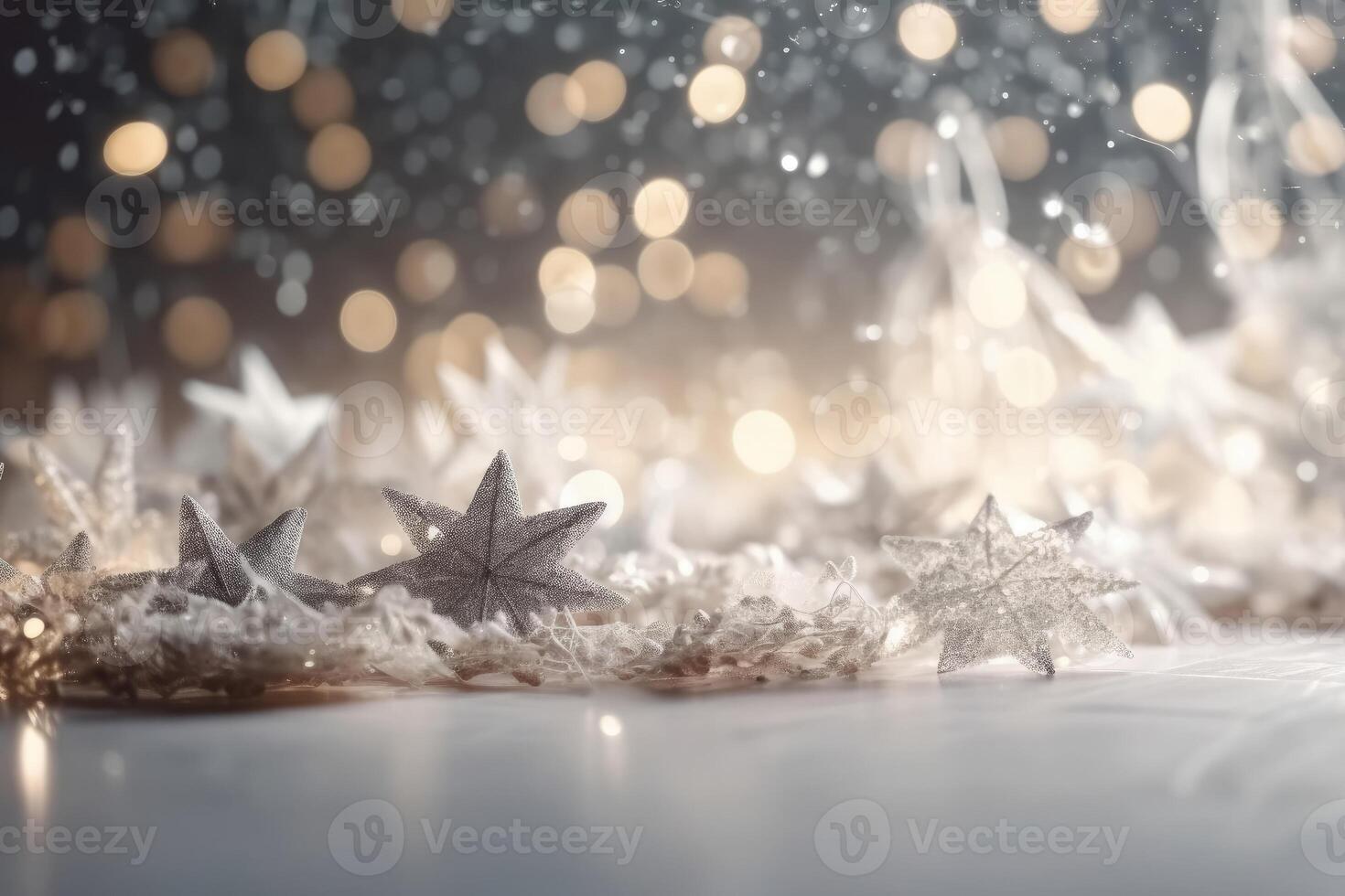 A beautiful christmas background with stars and snowflakes and soft bokeh lights on a light background created with technology. photo