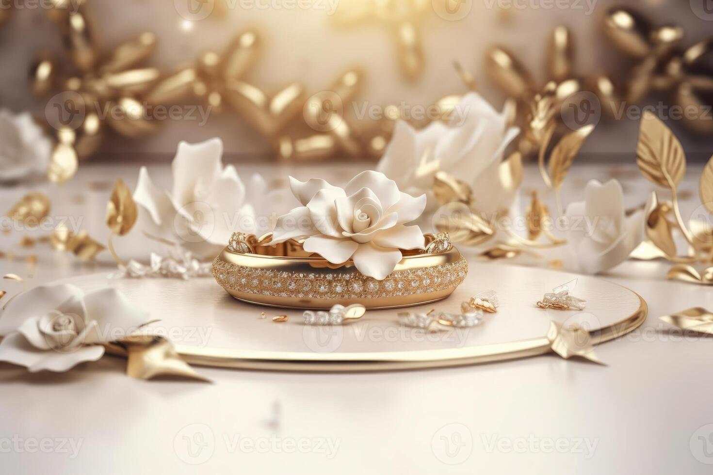 A beautiful wedding background with flowers and gold ornaments on a light background created with technology. photo