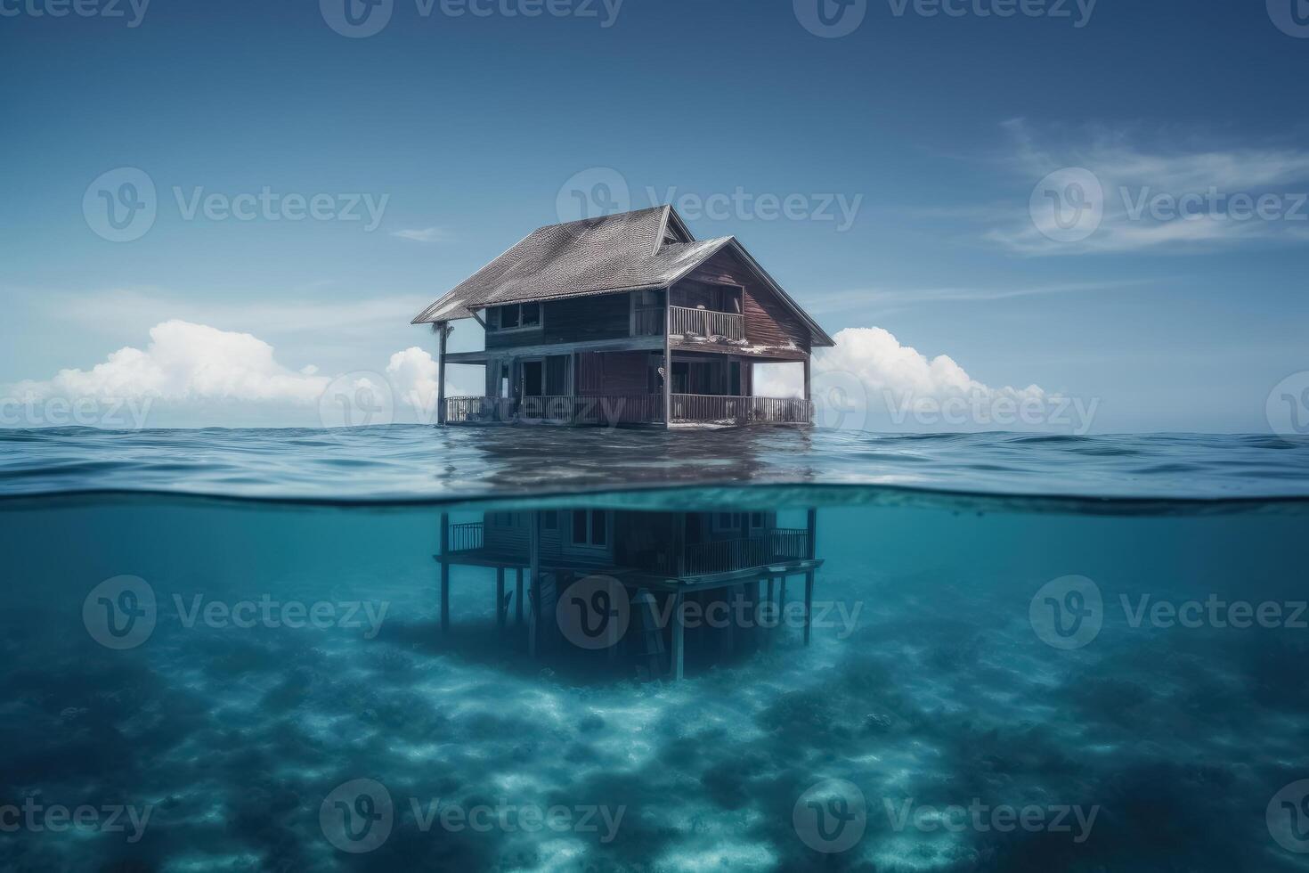 A house on the ground of the ocean under water created with technology. photo