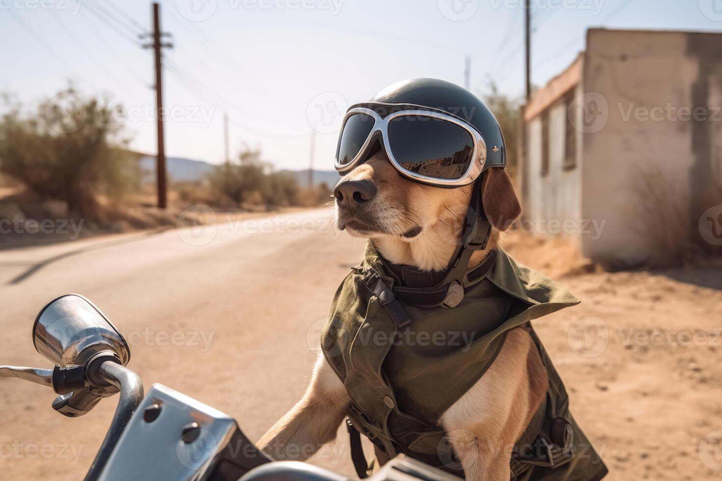 A dog riding a motorbike created with technology. photo