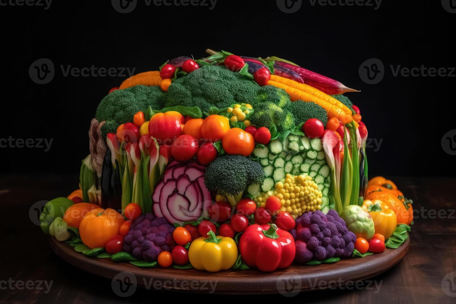 A big cake made of colorful vegetables created with technology. photo