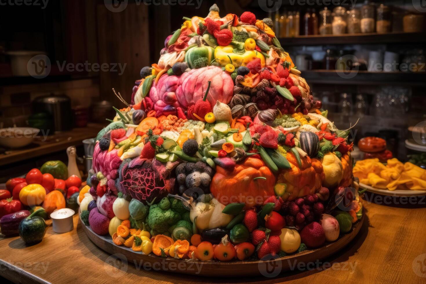 A big cake made of colorful vegetables created with technology. photo