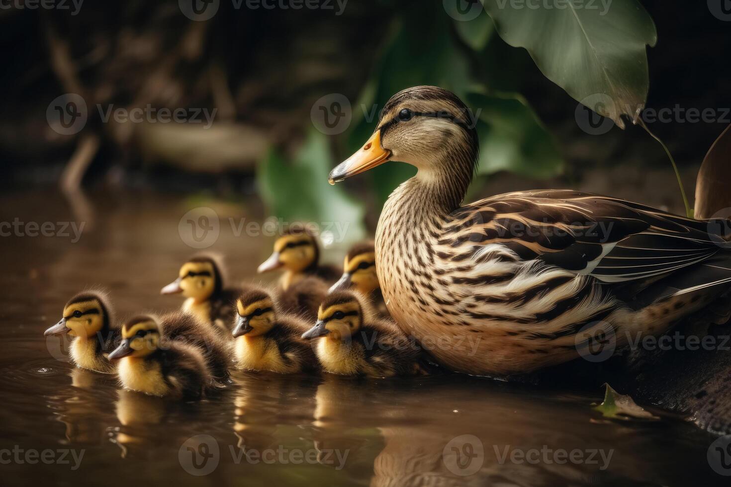 A duck mother with a lot of ducklings created with technology. photo